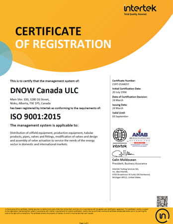 Certificate to ISO 9001:2015 standards for Nisku, AB Certificate to ISO 9001:2015 standards for Nisku, AB