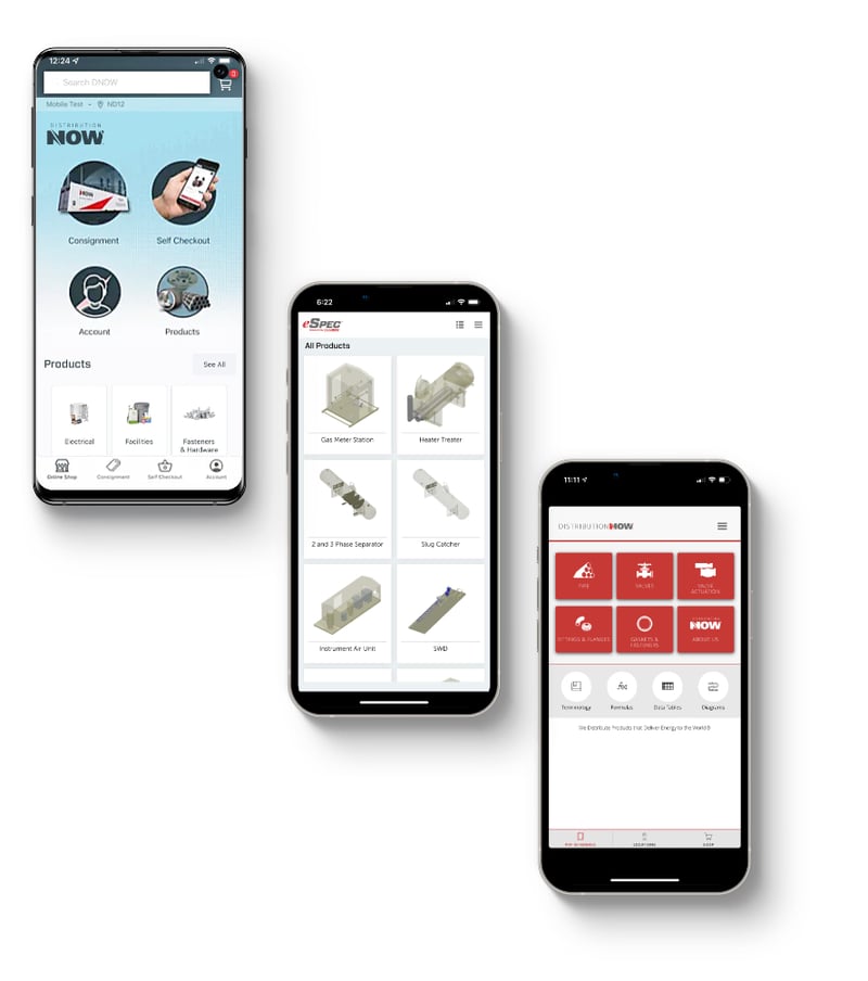 Three smartphones display DNOW apps: first with DNOW eCommerce, second with DNOW eSpec and third with DNOW PVF mobile app. Three smartphones display DNOW apps: first with DNOW eCommerce, second with DNOW eSpec and third with DNOW PVF mobile app.