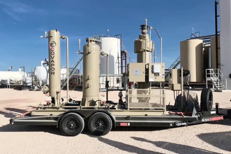 Image shows EcoVapor's MobileZerO™ trailer-mounted gas treating system that eliminates flaring and other routine oilfield emission problems. Image shows EcoVapor's MobileZerO™ trailer-mounted gas treating system that eliminates flaring and other routine oilfield emission problems.