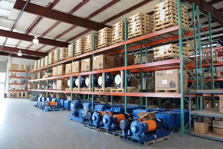 Photo showing Odessa Pumps, a DistributionNOW company, inventory of a complete line of reliable and high-quality centrifugal pumps. Photo showing Odessa Pumps, a DistributionNOW company, inventory of a complete line of reliable and high-quality centrifugal pumps.