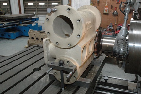 Image of piston pump fluid end repair done by DNOW specialized in-house pump repair, overhaul and machining services. Image of piston pump fluid end repair done by DNOW specialized in-house pump repair, overhaul and machining services.