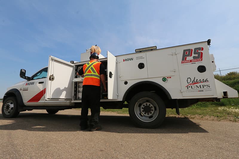 Image shows a service truck with Odessa Pumps and Power Service at the field doing repairs, installation, and preventative maintenance in the field. Image shows a service truck with Odessa Pumps and Power Service at the field doing repairs, installation, and preventative maintenance in the field.