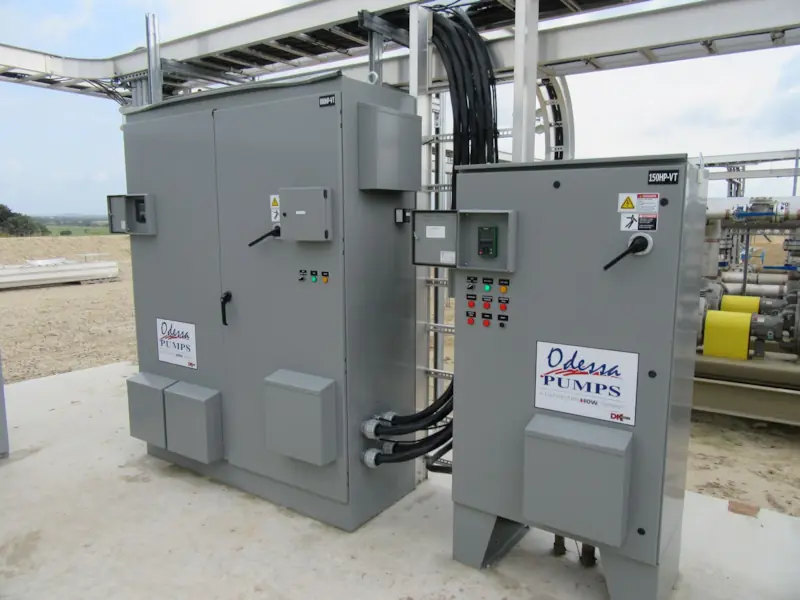 Photo of Odessa Pumps, a DistributionNOW company, Variable Frequency Drive (VFD) control system for positive displacement pumps. Photo of Odessa Pumps, a DistributionNOW company, Variable Frequency Drive (VFD) control system for positive displacement pumps.